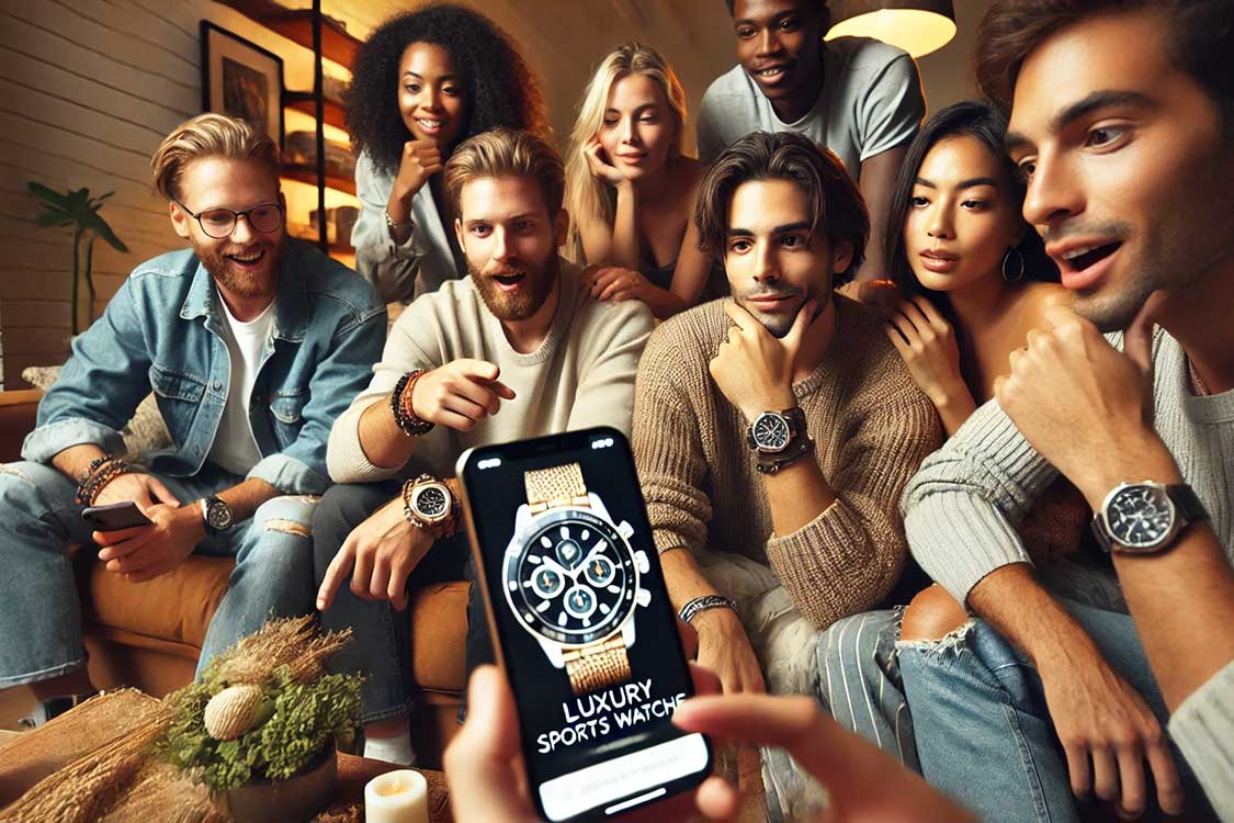 3---Grupo-de-personas-sorprendidas-viendo-anuncio-de-relojes-en-Instagram